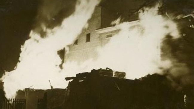 Fire at Millaquin Distillery, 1936. This devastating event caused significant damage to the iconic distillery. Source: John Oxley Library, State Library of Queensland