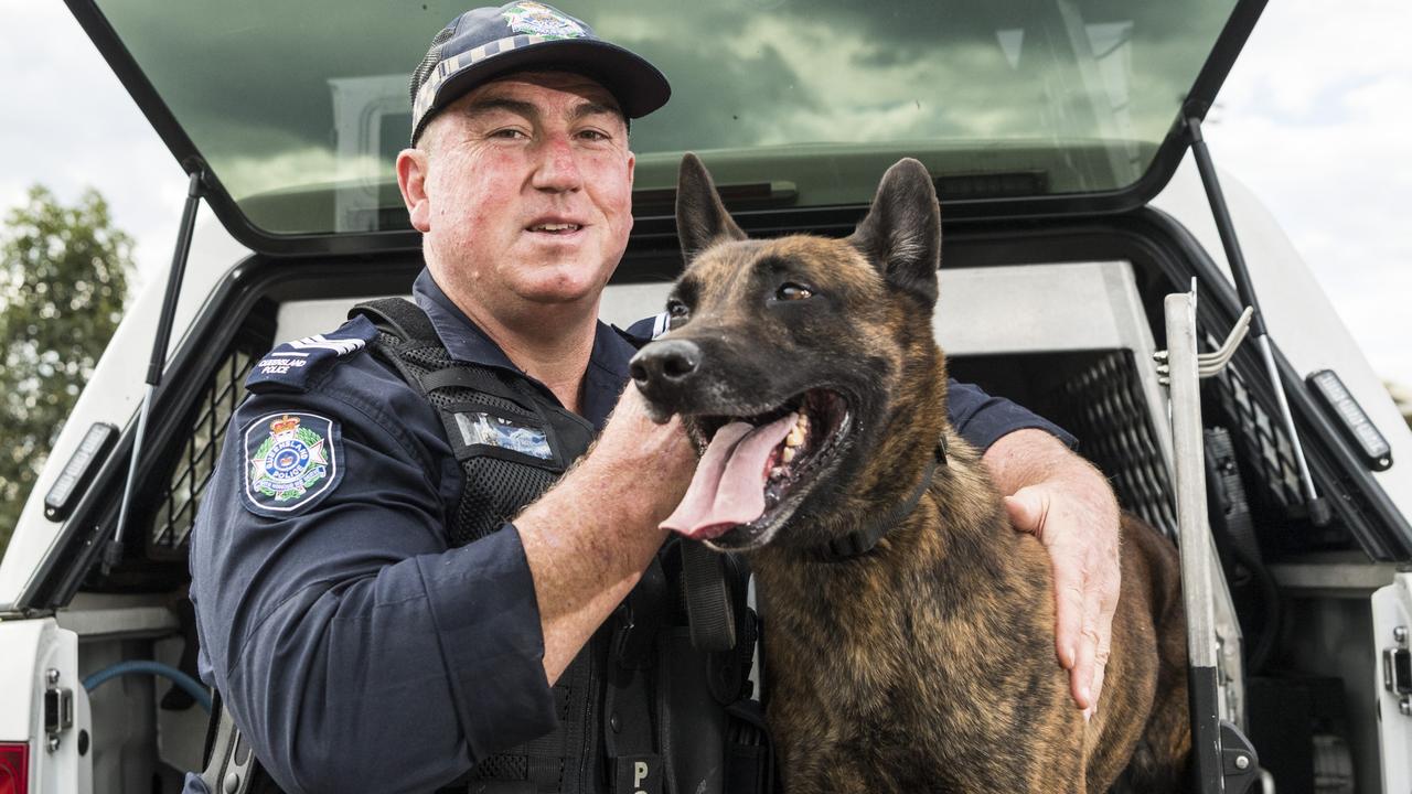 Officer-in-charge Toowoomba Dog Squad Sergeant Trevour O'Neil with dutch shepherd PD Danko, Monday, August 16, 2021. Picture: Kevin Farmer