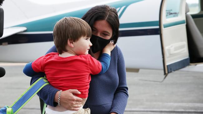 Dominique Facer is reunited with her son Memphis. Picture: Lachie Millard