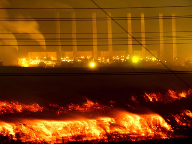 Fire at the Hazelwood power station, Morwell...the fire in a disused open cut mine has been burning for over two weeks. It flared up today with the strong northerly winds...Pic Mike Keating.