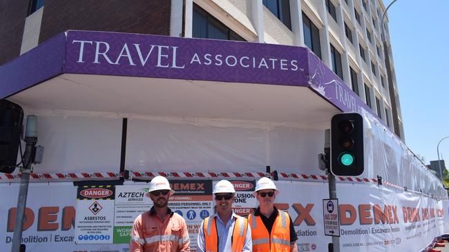 Demex staff Ben Frerker, Toby Schwennesen and Matt McCrystal at the front of the Leichhardt Hotel.