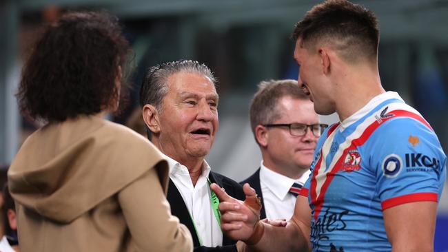 Club chairman Nick Politis talks to Victor Radley after the game. Picture: Getty Images