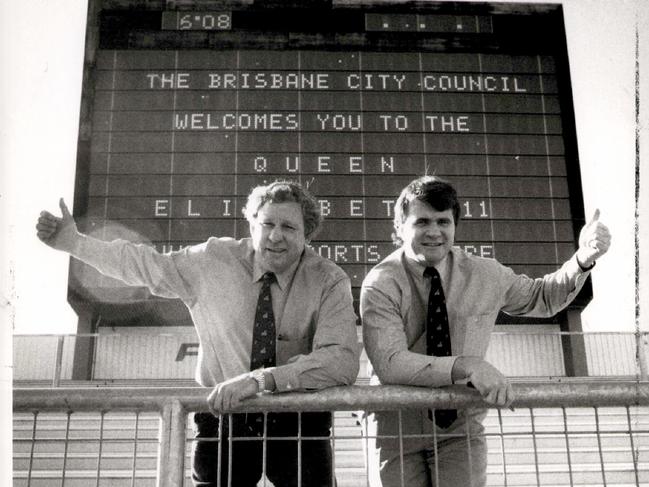 PAUL (Porky) MORGAN..  FILE/PIC 1992. with John Ribot at QEII - New Grounds for the Bris Broncos.. headshot scoreboard thumbs up sign sport rugby league