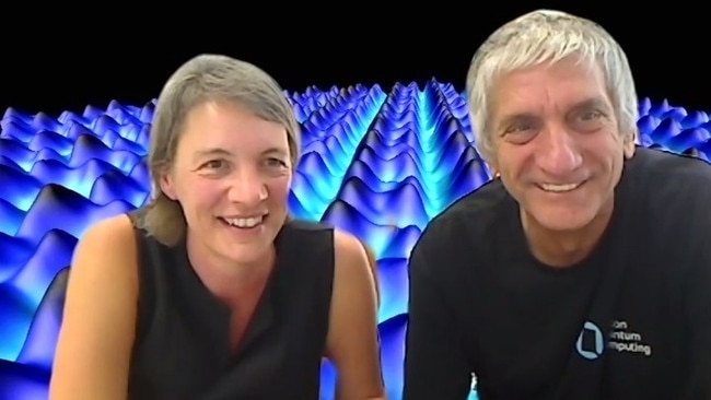 Professor Michelle Simmons (left) and Professor John Martinis talk with The Australian during a Zoom video call to discuss their venture. The virtual background is a depiction of atoms of silicon.