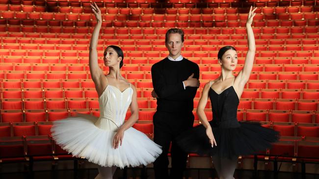 The Australian Ballet’s artistic director David Hallberg with principal artist Robyn Hendricks, (left) and Queenslander, Benedicte Bemet, (right). Both are scheduled to star in Swan Lake in Brisbane next year as part of the company’s 60th anniversary season. Picture: John Feder