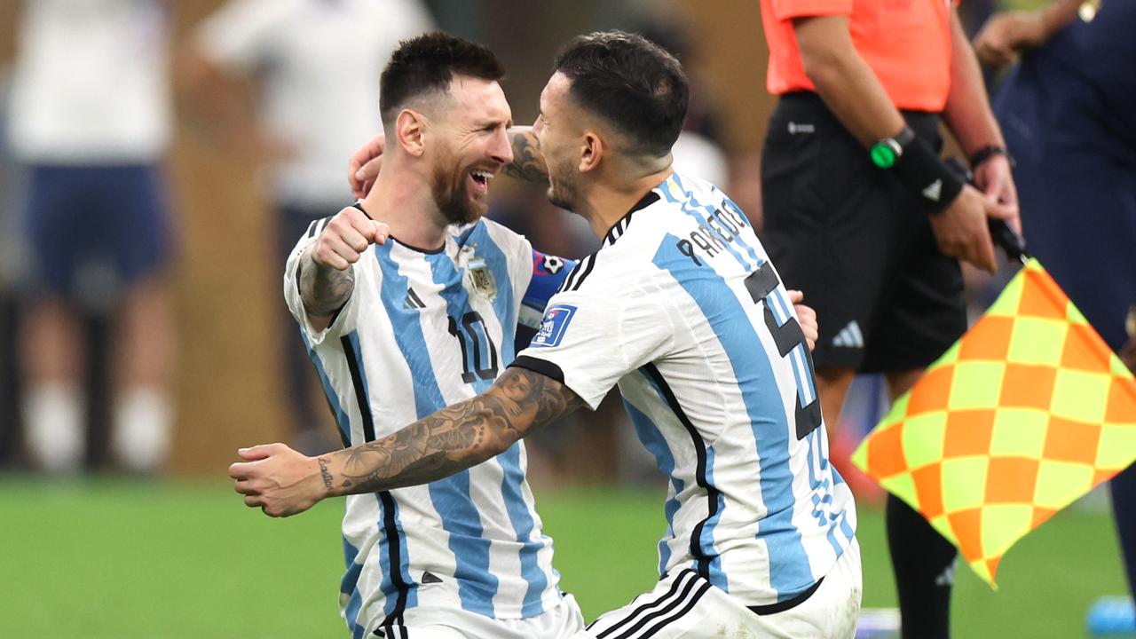 Lionel Messi celebrates after winning the World Cup. (Photo by Catherine Ivill/Getty Images)