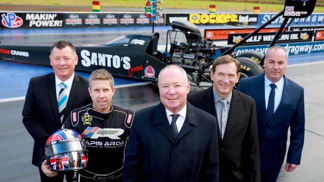 Sydney Dragway general manager Peter Beaumont, Australian drag racing champion Wayne Newby, Prospect state Labor MP Hugh McDermott, Blacktown Mayor Stephen Bali and Sydney Dragway chairman Joseph Rodriquez. Picture: Angelo Velardo