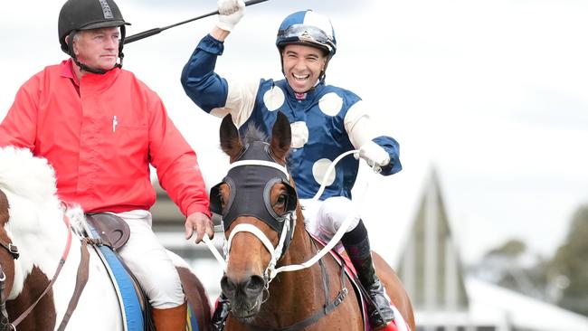 Jockey Joao Moreira celebrates his Underwood Stakes win aboard Buckaroo at Caulfield on Saturday. Picture: Scott Barbour/Racing Photos via Getty Images