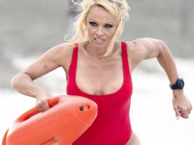 Pamela Anderson on set of Baywatch. Picture: AKM-GSI