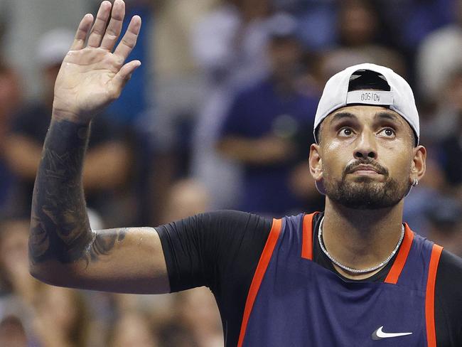 NEW YORK, NEW YORK - SEPTEMBER 04: Nick Kyrgios of Australia celebrates a win against Daniil Medvedev during their Men's Singles Fourth Round match on Day Seven of the 2022 US Open at USTA Billie Jean King National Tennis Center on September 04, 2022 in the Flushing neighborhood of the Queens borough of New York City. (Photo by Sarah Stier/Getty Images)