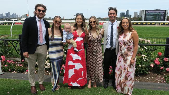 Maddy, Madison, Hayley, Dillon, Elise, Levi and Jesse at Seppelt Wines Stakes Day 2024 at Flemington Racecourse. Picture: Gemma Scerri