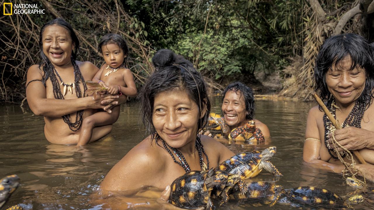 The group relies on the forest’s natural sources of water. Women of the tribe are seen bathing with and washing their pet turtles. Picture: Charlie Hamilton James/National Geographic