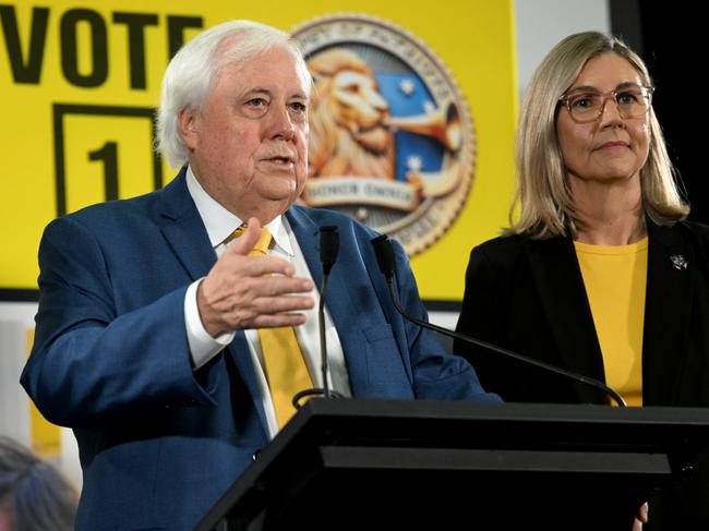 SUNSHINE COAST, AUSTRALIA - APRIL 19: (L-R) Senator Ralph Babet, Australian businessman Clive Palmer and leader of the Trumpet of Patriots party Suellen Wrightson attend a press conference after the federal election campaign launch of their 'Trumpet of  Patriots' party on April 19, 2025 on the Sunshine Coast, Australia. Australian businessman and former member of parliament, Clive Palmer is intending to contest the 2025 federal election with his Trumpet of Patriots party. (Photo by Dan Peled/Getty Images)