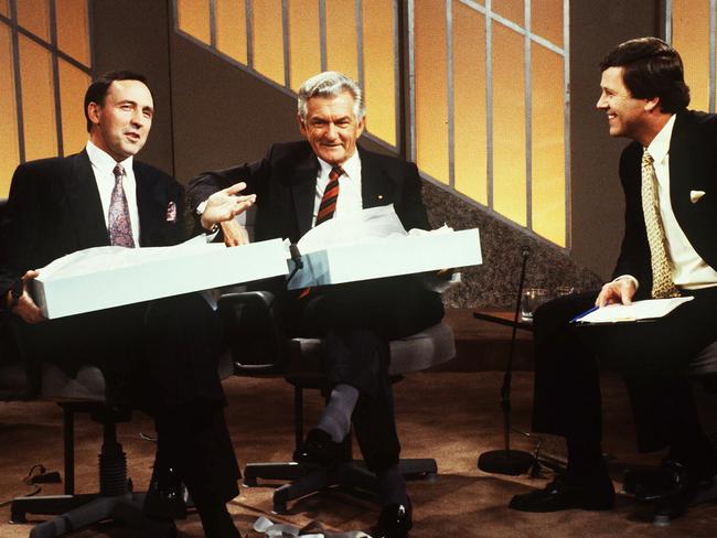 Treasurer Paul Keating and Prime Minister Bob Hawke on the Midday Show with Ray Martin.