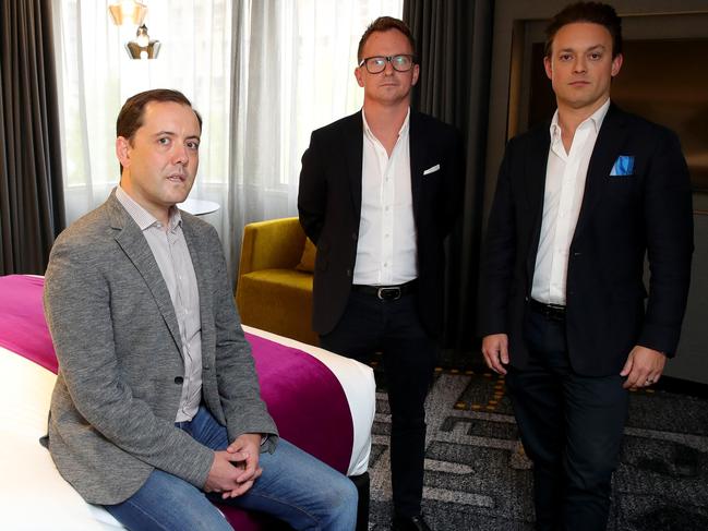 23/03/2020: Ben Beck (CEO of Active Utilities) Hugh Evans (CEO of FromHereOn) and Tull Roseby (Founder & Executive Chairman of Absolute Care) at a Pullman hotel room in Melbourne. They are putting together a plan for hotels to offer rooms/beds to hospitals for non-Coronavirus patients, to free up beds and space for people who have the virus. Stuart McEvoy/The Australian.