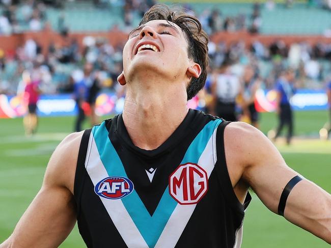 ADELAIDE, AUSTRALIA - MARCH 17: Zak Butters and Connor Rozee of the Power celebrate their win during the 2024 AFL Round 01 match between the Port Adelaide Power and the West Coast Eagles at Adelaide Oval on March 17, 2024 in Adelaide, Australia. (Photo by James Elsby/AFL Photos via Getty Images)