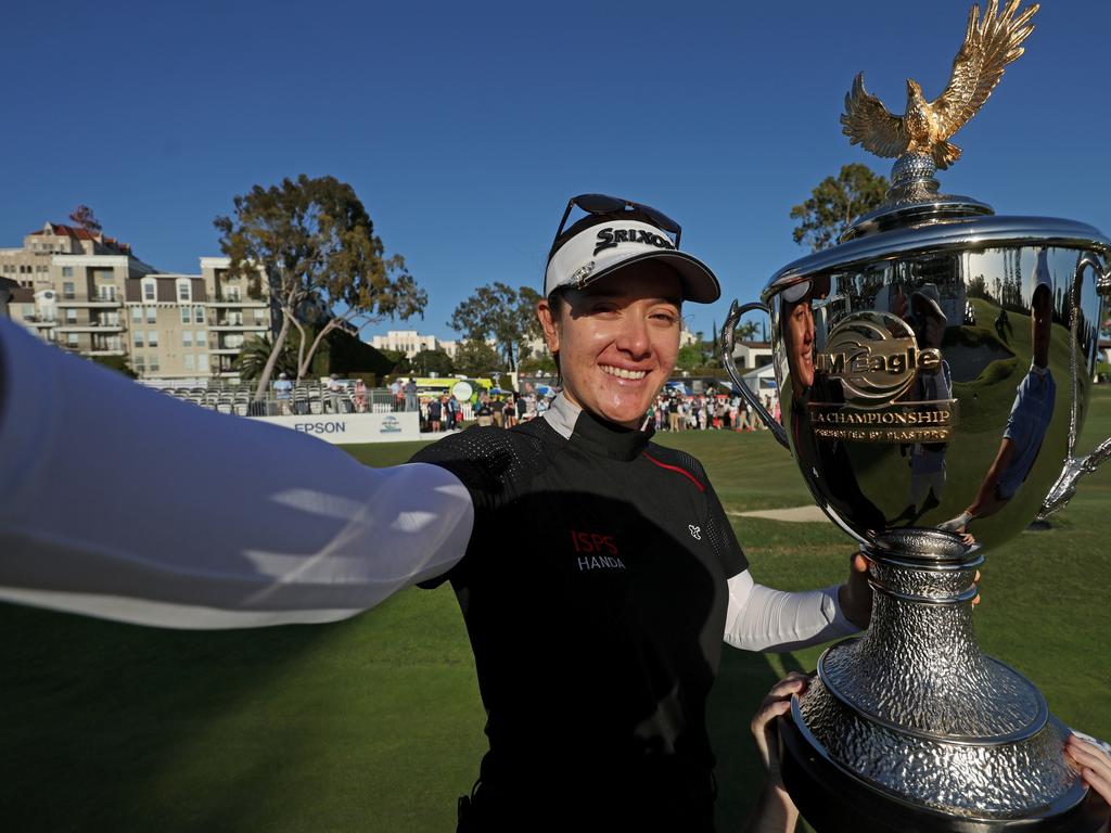 Hannah Green celebrates after winning the LA Championship. Picture: Harry How/Getty Images