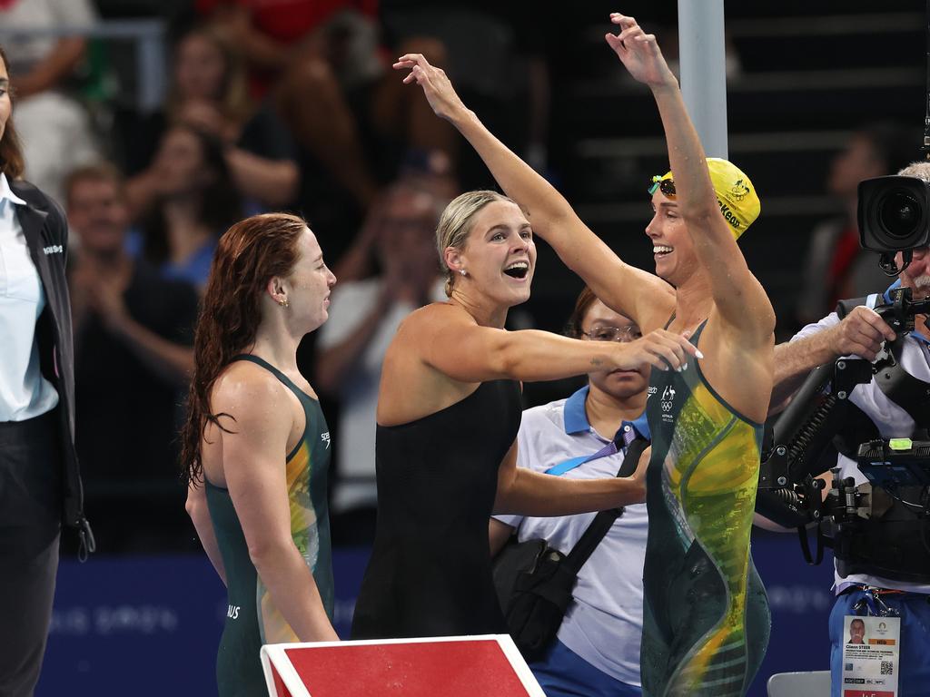 The Australian 4x100 women’s freestyle team celebrate winning gold in Paris. Picture: Adam Head