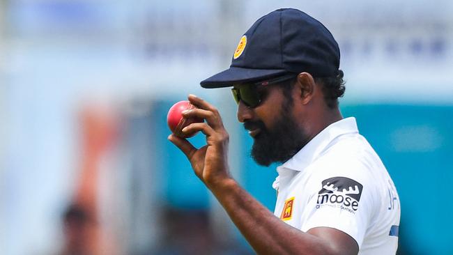 Sri Lanka's Prabath Jayasuriya celebrates after taking six wickets. Picture: AFP