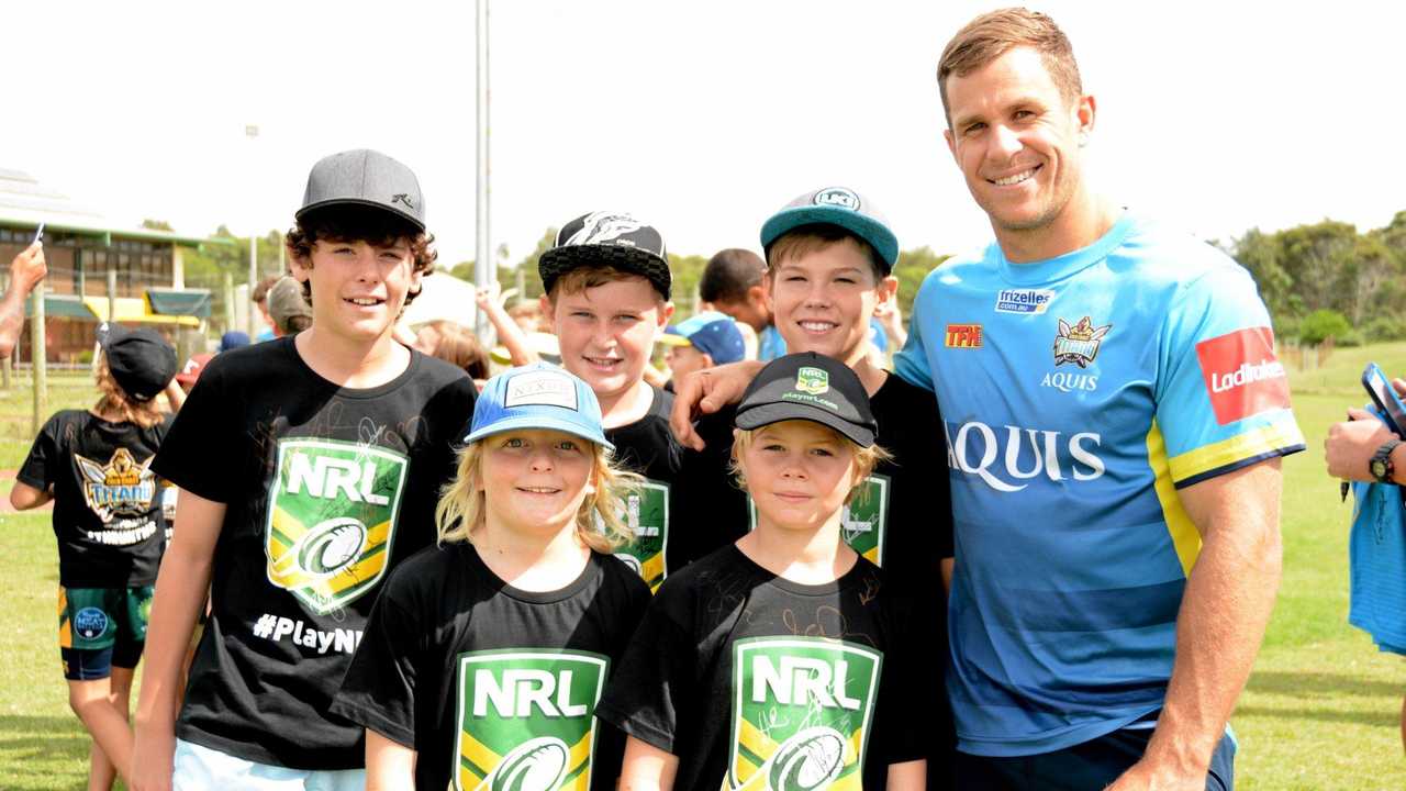 Titans' player William Zillman with junior players at the Titans' NRL School Holiday Footy Clinic at Cudgen Fields on Tuesday, April 19. Picture: Daniel McKenzie