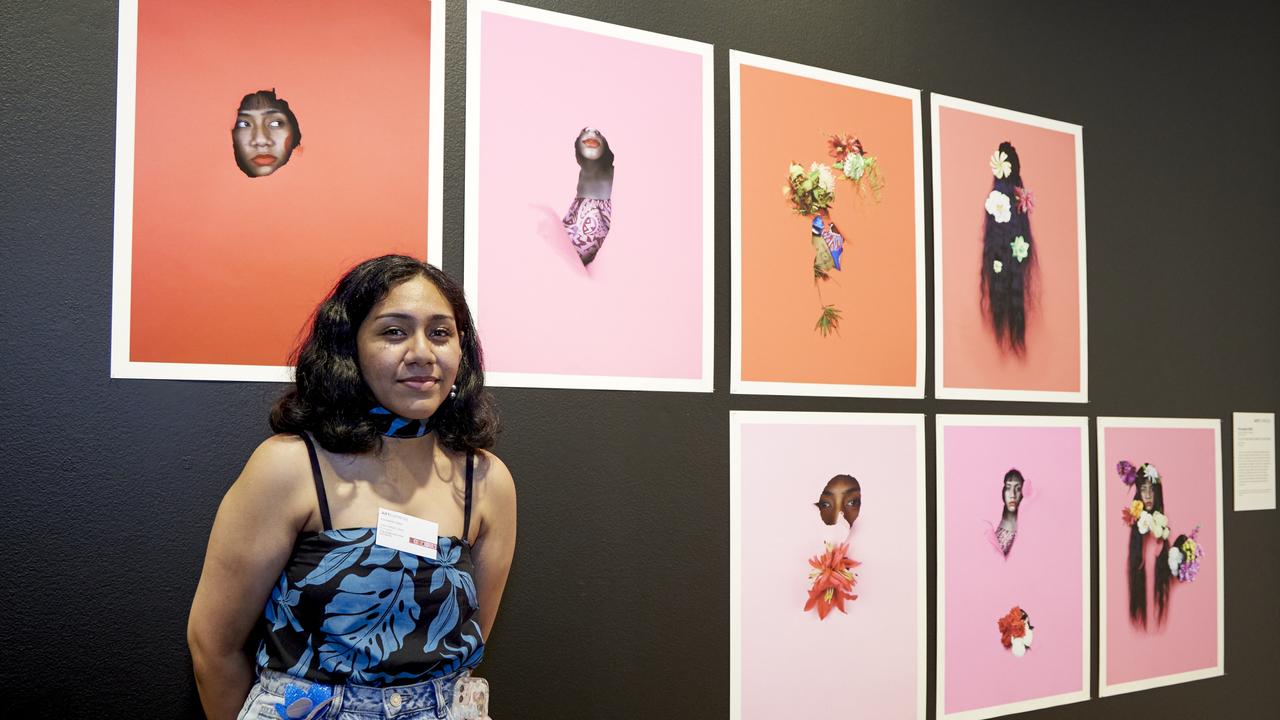 Krovanes Niko, Clancy Catholic College, with her work, 'O le a fuga mai (come into bloom)'. Picture: Mim Stirling