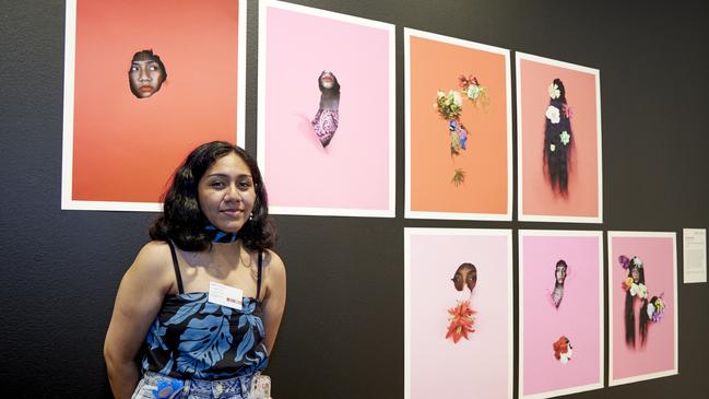 Krovanes Niko, Clancy Catholic College, with her work 'O le a fuga mai (come into bloom)'. Picture: Mim Stirling