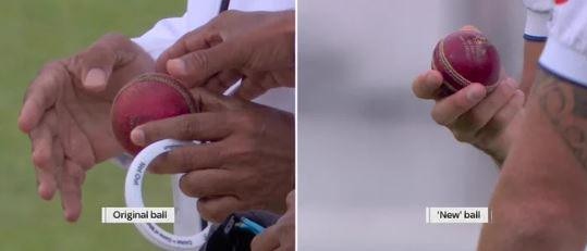 The original ball (L) vs. the ‘new’ ball (R). Picture: Channel 9.