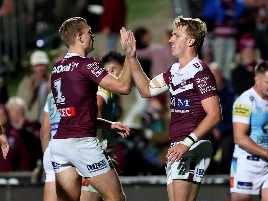 Ben Trbojevic (right) has enjoyed a breakout season in 2024, securing a regular spot in the Sea Eagles’ 17. Picture: Getty Images