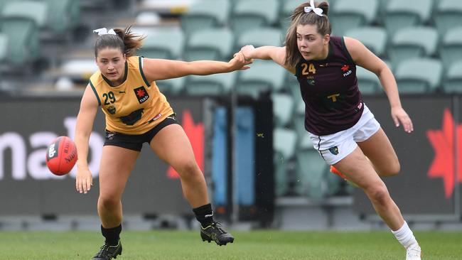 Amy Prokopiec (right) of the North and India Viney of the South in action during the round NAB AFLW U18 All-Stars match between Team South and Team North at UTAS Stadium on September 30, 2020 in Launceston, Australia. (Photo by Steve Bell/AFL Photos via Getty Images)