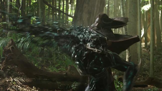 Idris Elba in full battle mode in a scene from the Thor: Ragnarok trailer filmed in rainforest on Tamborine Mountain. Picture: Marvel.