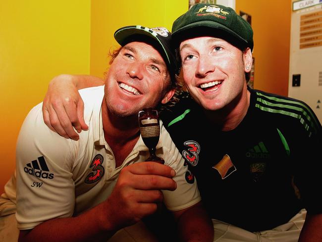 Shane Warne and Michael Clarke of Australia pose with a replica Ashes Urn in the changing rooms, December 18, 2006. Picture: Getty Images