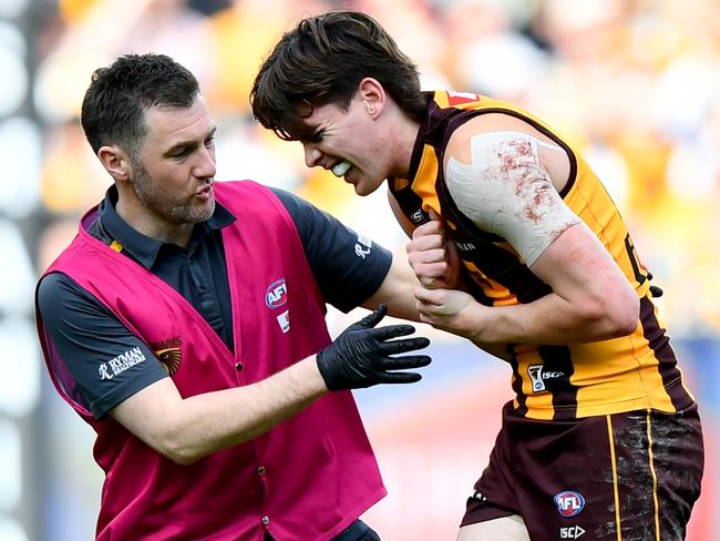 Hawk Will Day after the injury against the Tigers in round 23. Picture: Josh Chadwick/AFL Photos