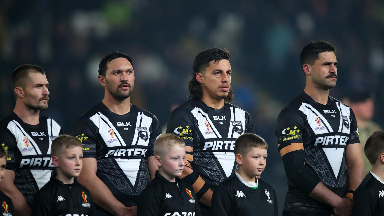 HULL, ENGLAND – NOVEMBER 05: Players of New Zealand line up for the National Anthems ahead of the Rugby League World Cup Quarter Final match between New Zealand and Fiji at MKM Stadium on November 05, 2022 in Hull, England. (Photo by Ashley Allen/Getty Images)