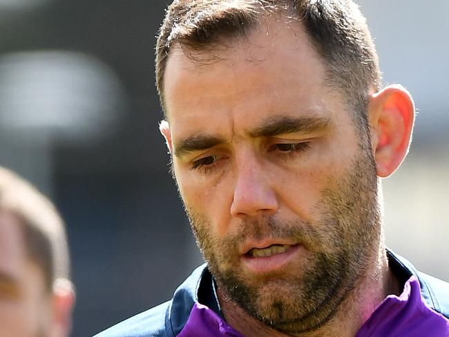 Cameron Smith of the Melbourne Storm is seen during a training session at the Holden Centre in Melbourne, Tuesday, September 24, 2019. The Storm take on the Roosters this Saturday in the NRL Preliminary final. (AAP Image/James Ross) NO ARCHIVING