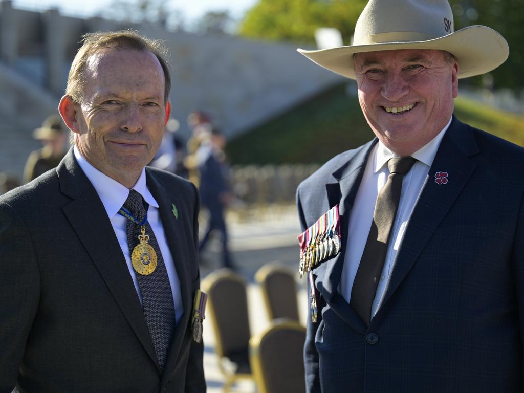 Barnaby Joyce (pictured with Tony Abbott) has also been dropped from the frontbench. Picture: NewsWire / Martin Ollman