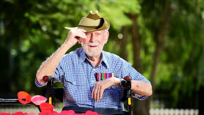 WWII Veteran Donald McDonald will spend this year’s Anzac Day on his driveway. Picture: Alix Sweeney