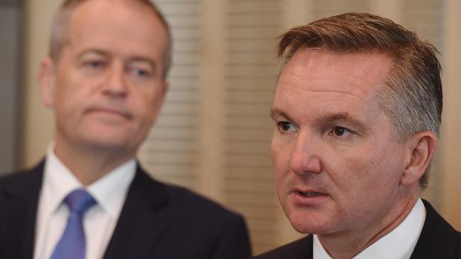 Leader of the Opposition Bill Shorten (left) and Shadow Treasurer Chris Bowen (right) during a media press conference after speaking to the Chifley Research Centre in Sydney, Tuesday, March, 13, 2018.  (AAP Image/Dean Lewins) NO ARCHIVING