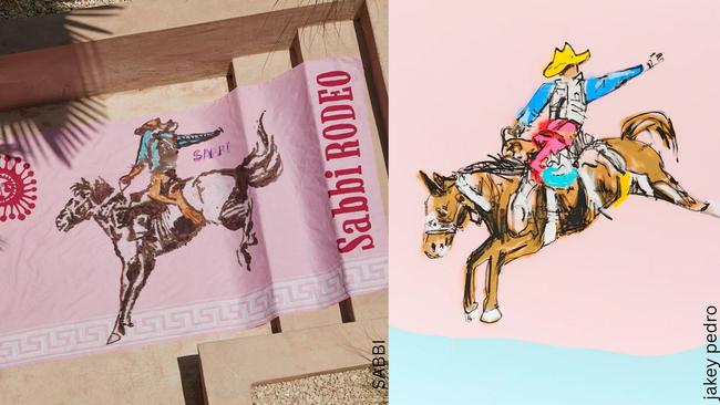 Cult Queensland fashion label Sabbi (left) is facing mounting criticism, with online influencers accusing the brand of copying other brands and artists, including Queensland artist Jacob Pedrana (Jakey Pedro) (right).