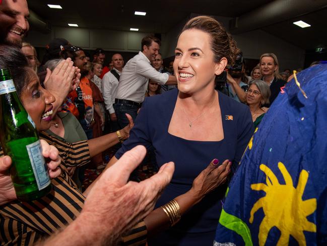 Country Liberal Party leader Lia Finocchiaro arrives to cheers after her party's 2024 Northern Territory election win. Picture: Pema Tamang Pakhrin