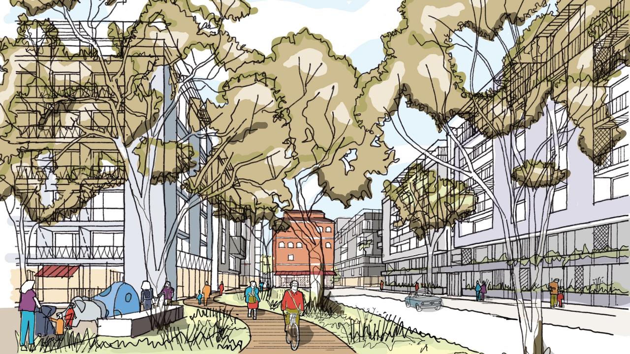 A sketch of medium density living and shared use paths proposed for the former West End Brewery site. Picture: Renewal SA