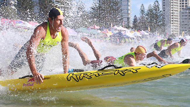 Bondi Rescue star Anthony Carroll on his way to winning an Australian masters crown in the board race. Pic: HarvPix