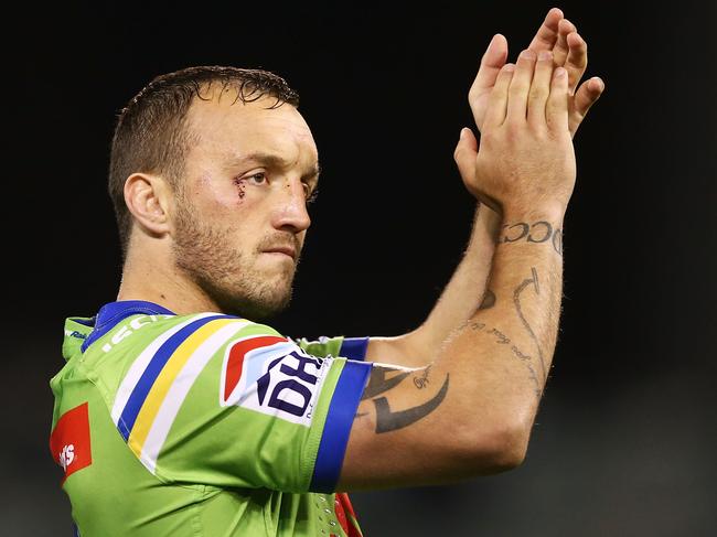 CANBERRA, AUSTRALIA - SEPTEMBER 17: Josh Hodgson of the Raiders acknowledges the crowd after victory in the second NRL Semi Final match between the Canberra Raiders and the Penrith Panthers at GIO Stadium on September 17, 2016 in Canberra, Australia. (Photo by Mark Metcalfe/Getty Images)