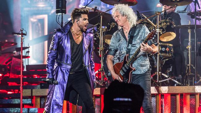 Adam Lambert and Brian May at the Queen + Adam Lambert concert at AAMI Park, Melbourne on February 20. Picture: Jake Nowakowski