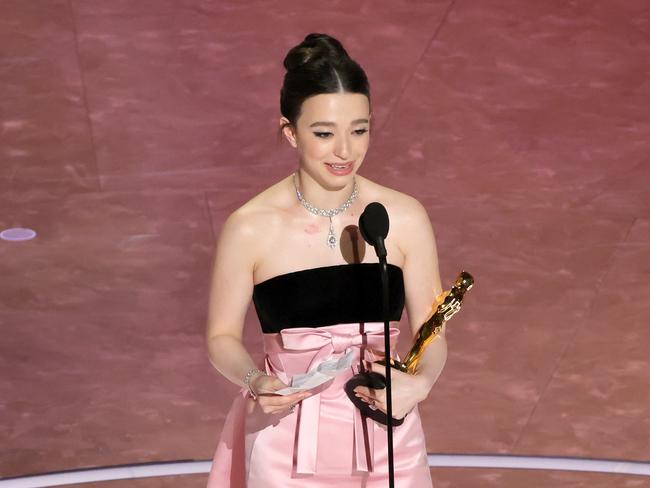 HOLLYWOOD, CALIFORNIA - MARCH 02: Mikey Madison accepts the Best Actress In A Leading Role award for "Anora" onstage during the 97th Annual Oscars at Dolby Theatre on March 02, 2025 in Hollywood, California.  (Photo by Kevin Winter/Getty Images)