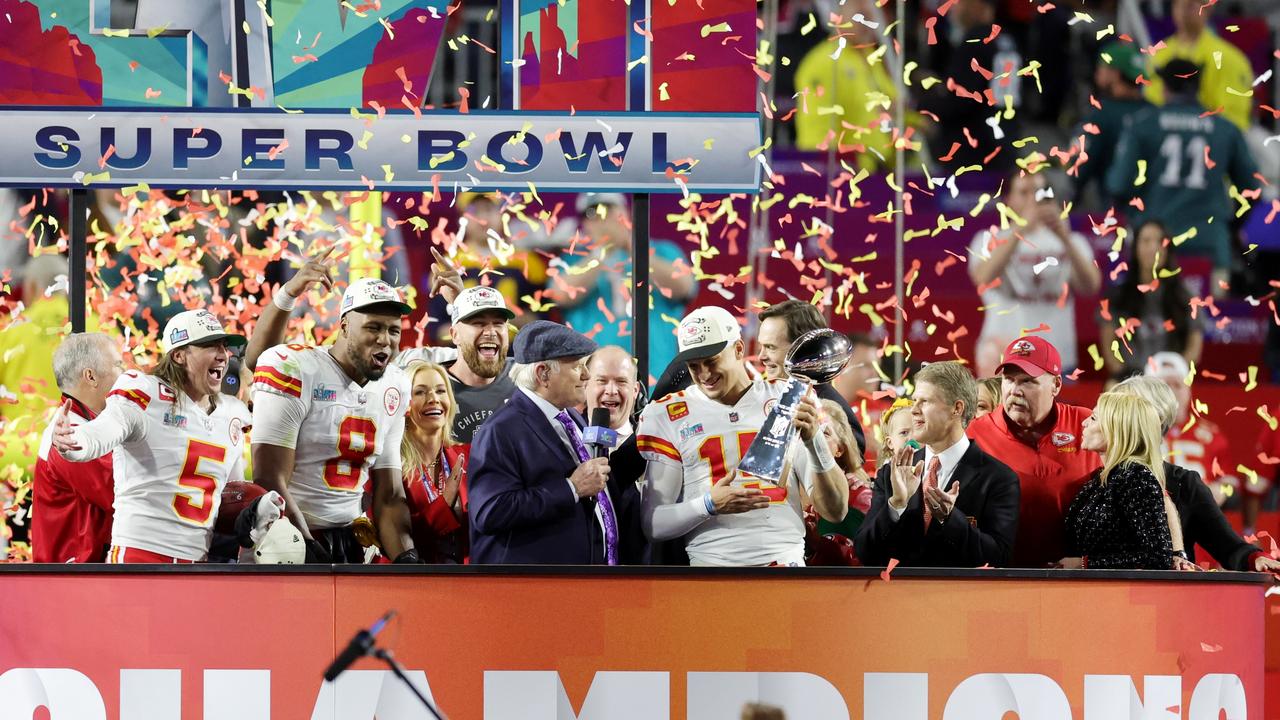 Patrick Mahomes celebrates with the the Vince Lombardi Trophy after the Kansas City Chiefs’ Super Bowl win over the Philadelphia Eagles. Picture: Getty Images