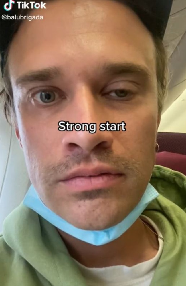 Henry Beasley, a musician from NZ, recorded himself reacting to a screaming baby on-board a 29-hour flight to Berlin. Picture: TikTok/balubrigada