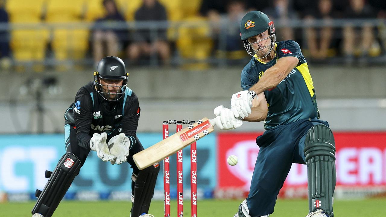 Mitchell Marsh hits one of his seven sixes in Wellington . (Photo by Hagen Hopkins/Getty Images)