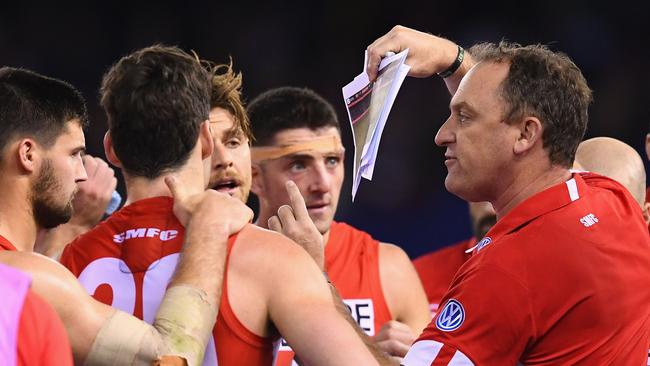 Longmire lays down the law to his players during a 2018 game. Picture: Getty Images