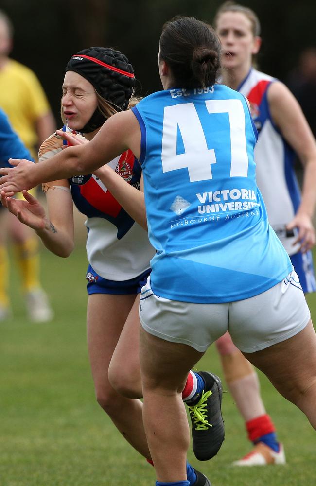 West Preston-Lakeside’s Tylah Spiteri is crunched during her side’s semi-final win. Picture: Hamish Blair.