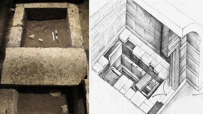 The stone crypt, left, and an artist’s reconstruction of the third chamber. Source: Greek Ministry of Culture